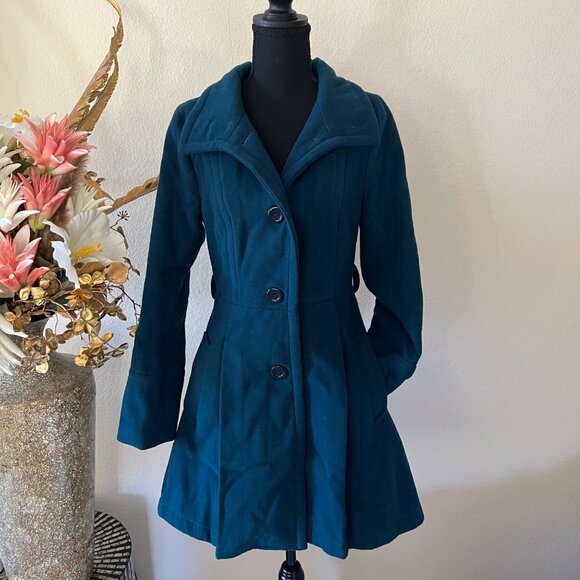Modcloth Jackets & Blazers - Modcloth Teal Overcoat With Vibrant Pink & Purple Cat Print Lining Size M
